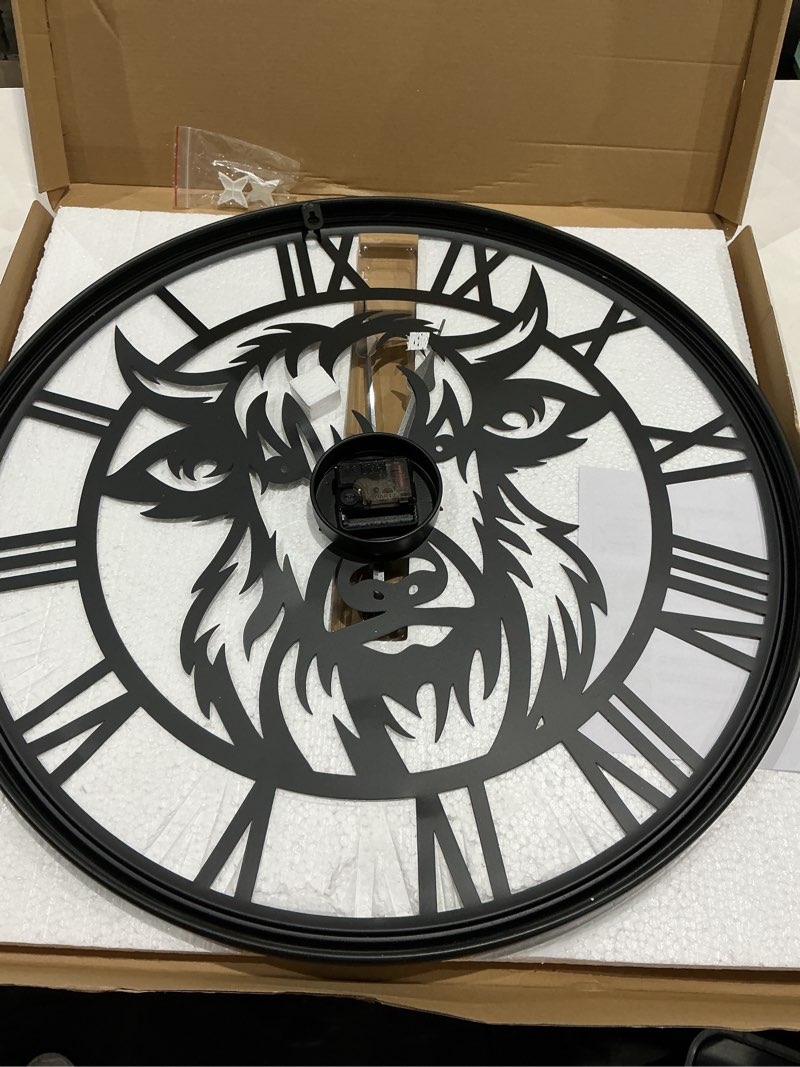 Condition photo showing Good Condition for 24inch wall clock,large wall clocks battery operated,farmhouse black metal non-ticking,wall clocks for living room decor,bedroom,kitchen(highland bull wall clock, 24 inch) bull wall clock 24 inch