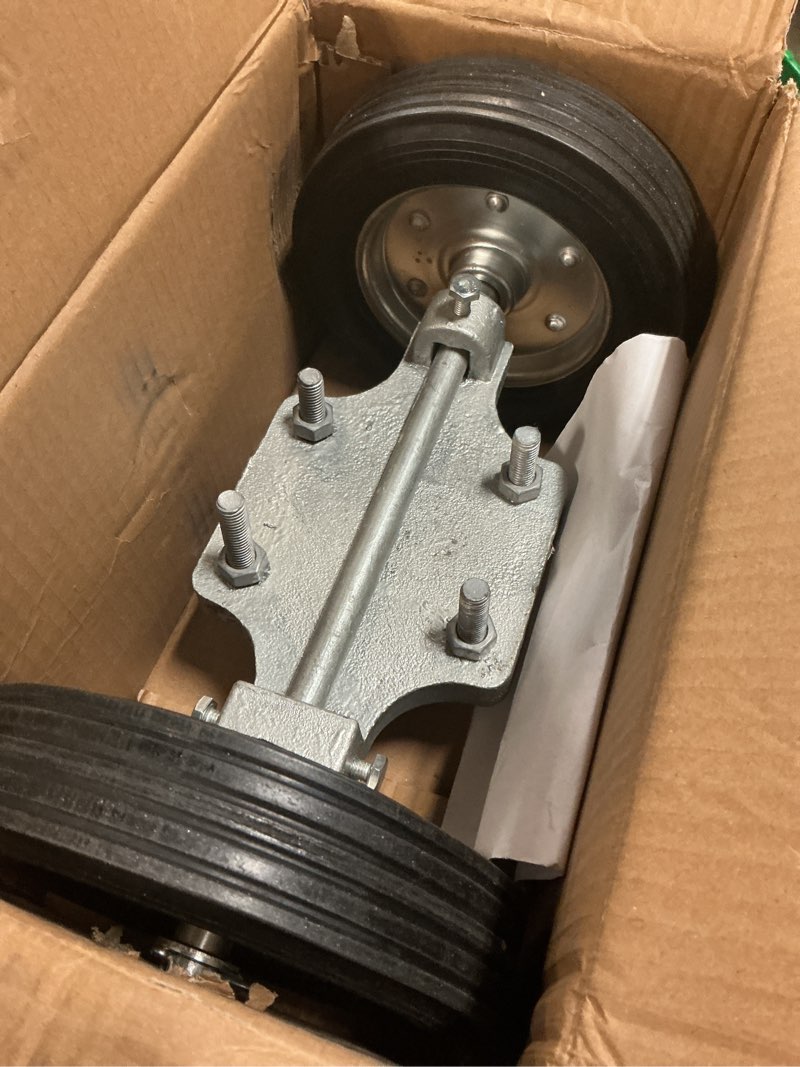 Condition photo showing Good Condition for heavy-duty steel rolling gate wheel carrier, 8" rubber wheels, adjustable steel u-bolts, for chain link gates or metal fence or wooden gate