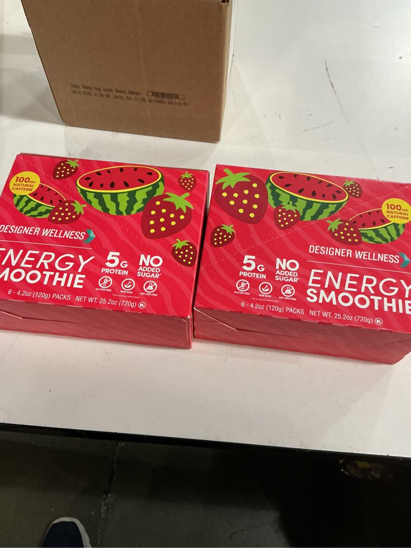 Condition photo showing New/Like New for Best by 05/26 Designer Wellness Energy Smoothie, Real Fruit, 100mg Natural Caffeine, 5g Protein, Low Carb, Zero Added Sugar, Gluten-Free, Strawberry Watermelon, 12 Count