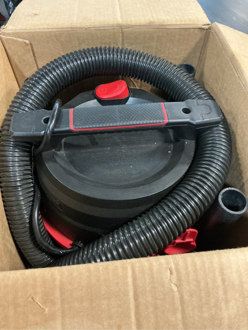 Condition photo showing As Is for hyper tough 3 gallon 3.5 hp poly wet dry vacuum for home, car, garage & workshop