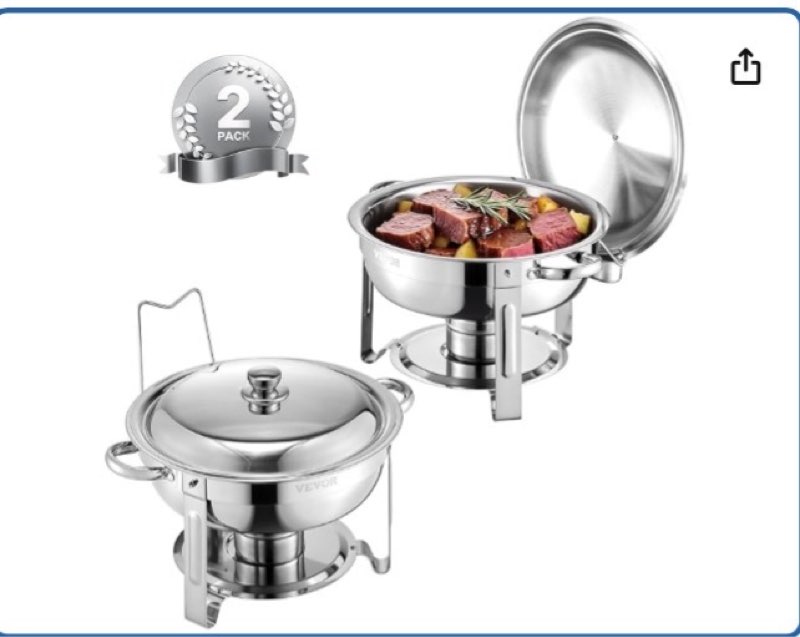 VEVOR Chafing Dish Buffet Set, 5 Qt 2 Pack, Stainless Steel Chafer with 2 Full Size Pans, Round Catering Warmer Server with Lid Water Pan Folding Stand Clip, for Weddings Parties Banquets, Silver