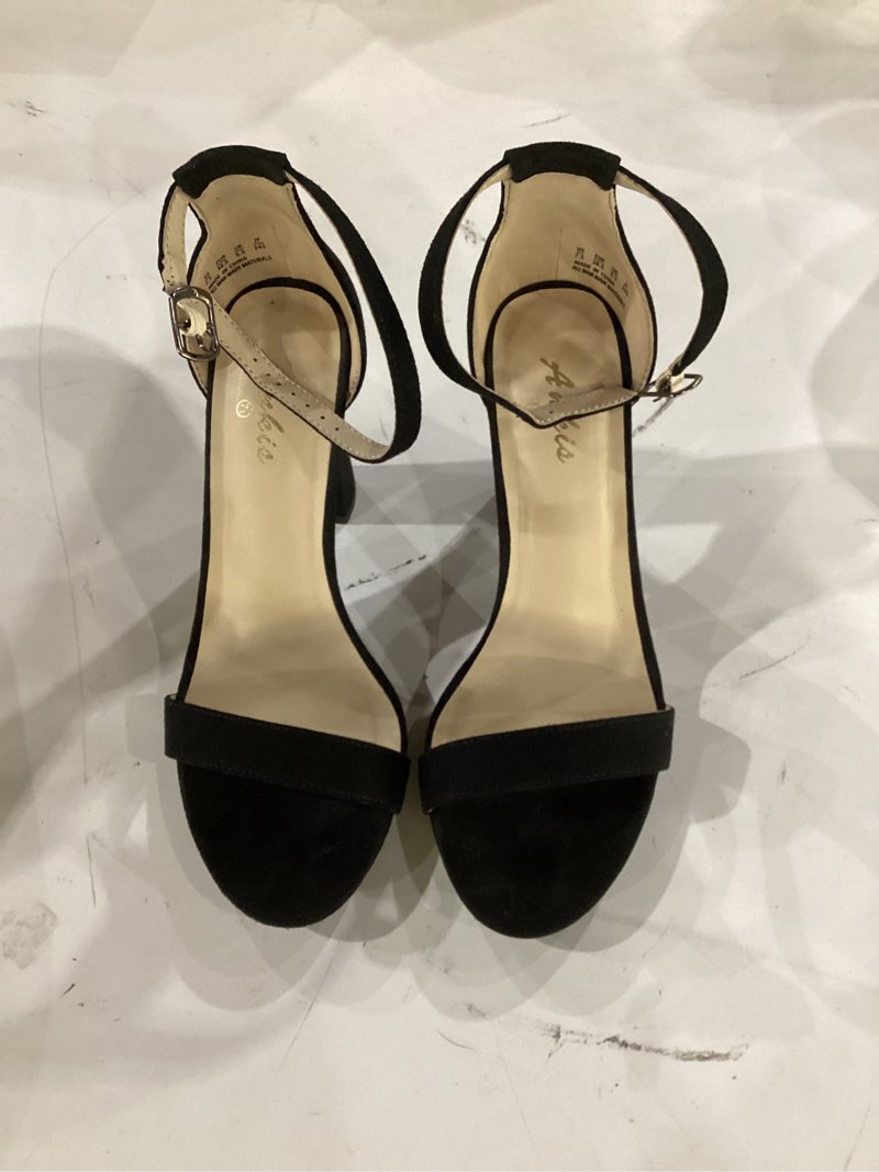 Condition photo showing Good Condition for ankis black heels for women - open toe ankle strap chunky heel pump sandals party wedding strappy buckle sandals standard size 2.75 inches tall thick heel design