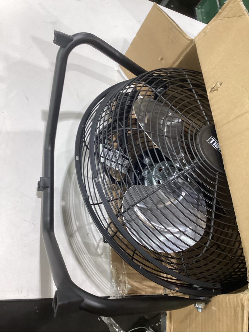 Condition photo showing As Is for ez-chill 12” cradle floor fan, 3 speed, high velocity, 180 degree adjustable tilt, all-metal, carry handle, rubber feet, airflow 15.42 ft/sec, ideal for home, bedroom & office, black 12-inch, not tested