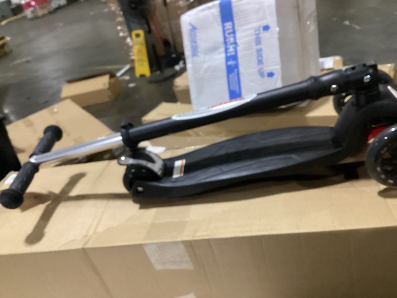 Condition photo showing As Is for chromewheels foldable scooters for kids, deluxe kick scooter 4 adjustable height 132lbs weight limit 3 wheel, lean to steer led light up wheels, best gifts for girls boys age 3-12 year old # black
