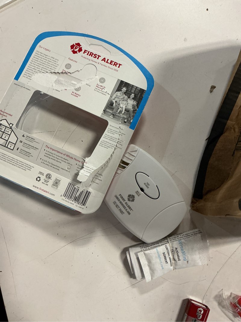 Condition photo showing As Is for first alert fat1039718 battery-powered carbon monoxide alarm, 9v, white