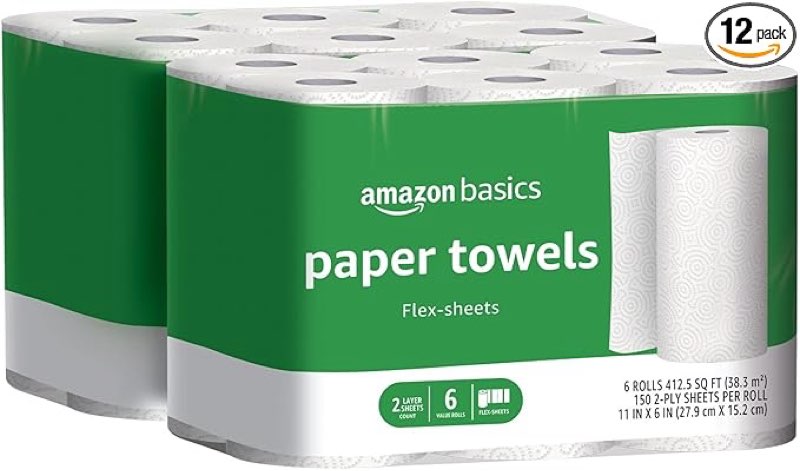 Amazon Basics 2-Ply Flex-Sheets Paper Towels, 12 Basics Rolls = 40 Regular Rolls, Everyday Value with 150 Sheets per Roll, Packaging May Vary