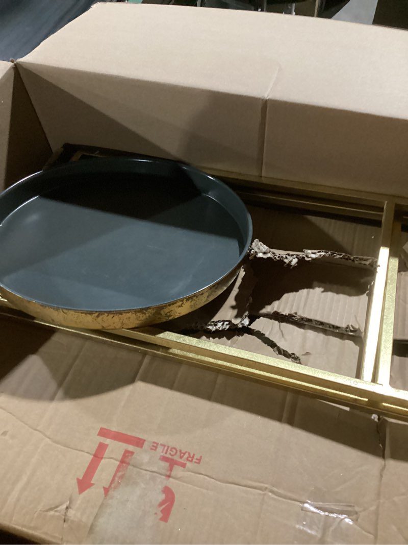 Condition photo showing As Is for Kate and Laurel Celia Round Metal Foldable Tray Accent Table, Gray with Gold Base Gold/Gray