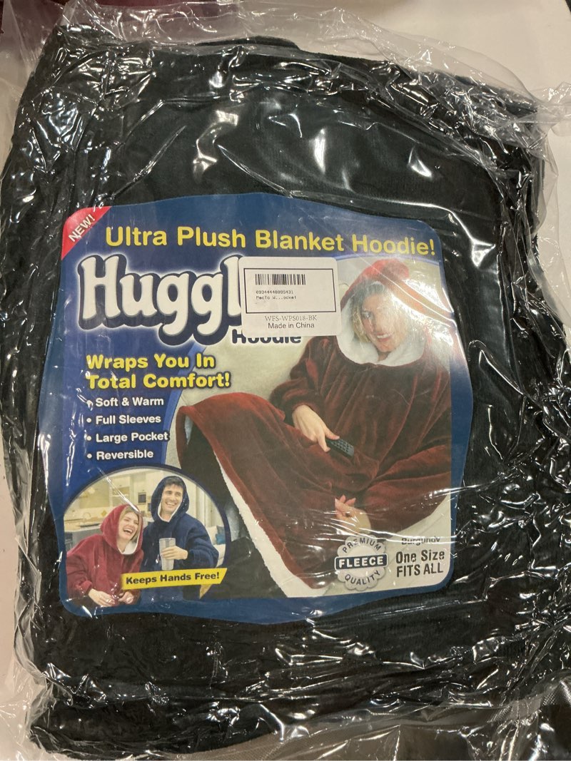 Condition photo showing New/Like New for black ontel huggle hoodie, ultra plush blanket, charcoal grey, one size