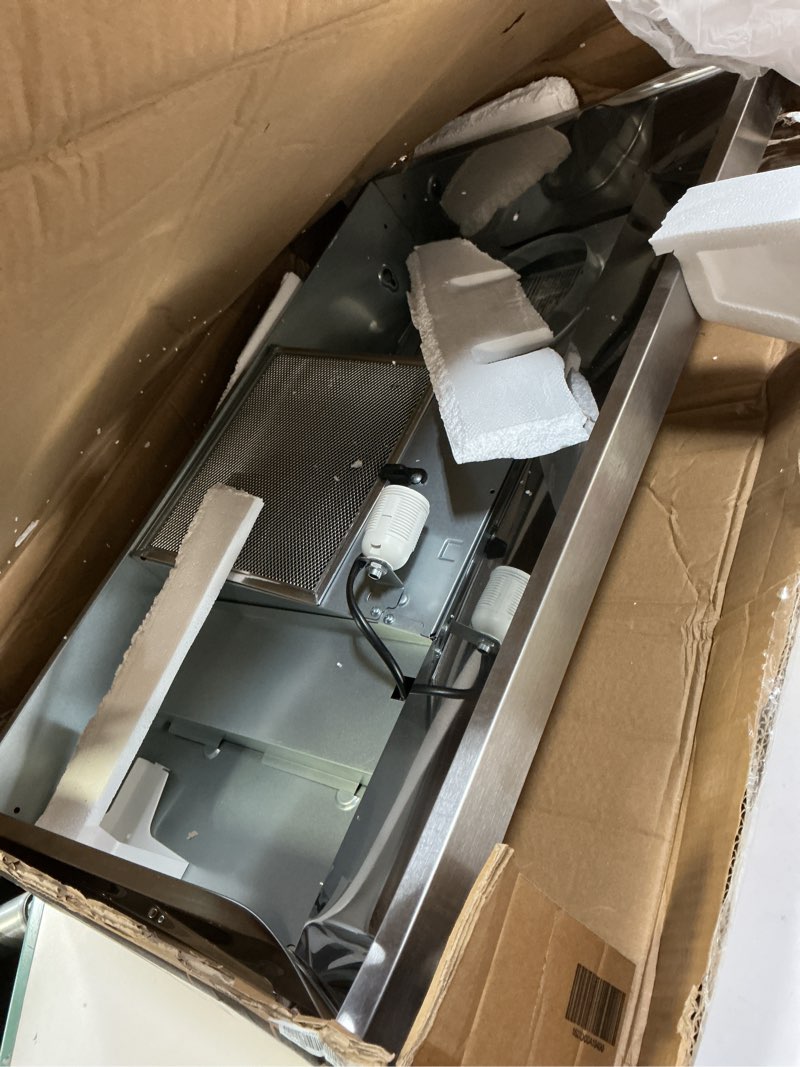 Condition photo showing As Is for Comfee CVU30W2AST Range Hood 30 Inch Ducted Ductless Vent Hood Durable Stainless Steel Kitchen Hood for Under Cabinet with 2 Reusable Filter, 200 CFM, 2 Speed Exhaust Fan Silver 30 inch 2 Speed Exhaust Fan Stainless Steel