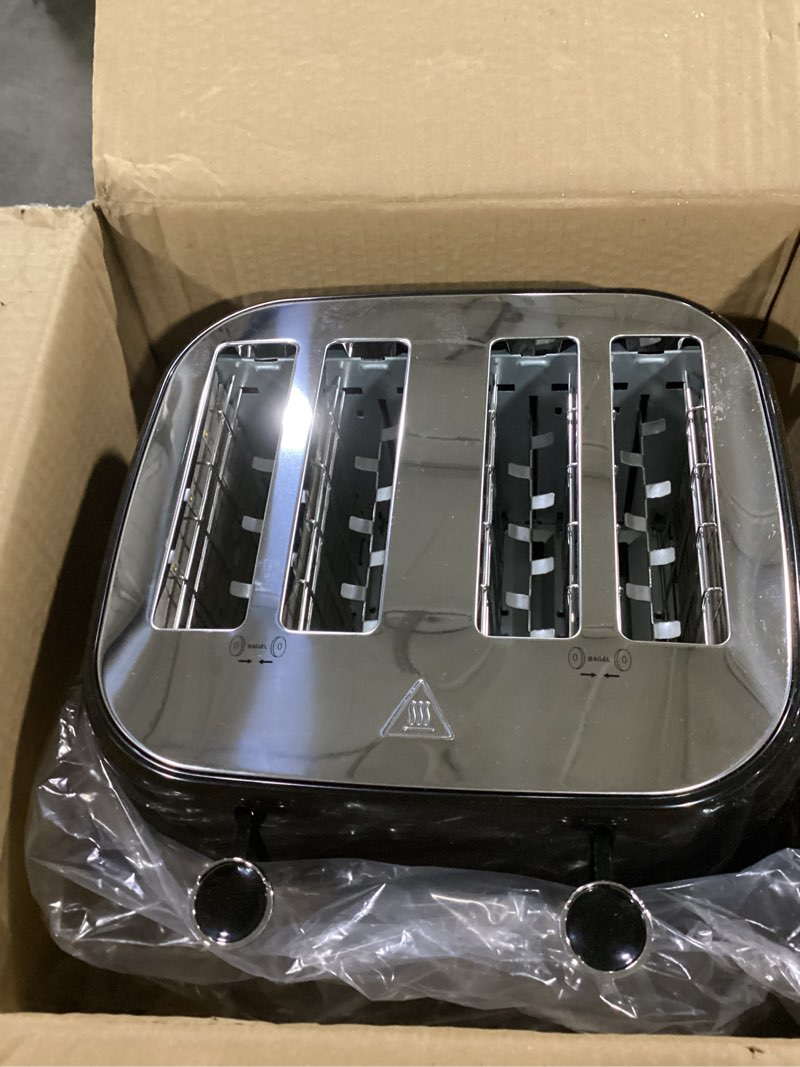 Condition photo showing As Is for Amazon Basics 4 Slice Toaster, 6 Browning Settings, Removable Crumb Tray, Bagel and Defrost Function, Cancel Button, 1600W, Black Black 4 Slice Toaster