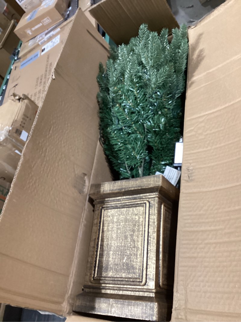 Condition photo showing Good Condition for Similar item, but not exact. 4FT Pre-Lit Artificial Norfolk Pine Christmas Tree – Realistic Potted Tree with 100 LED Lights & 8-Function Battery Box, Pre-Assembled Faux Holiday Décor for Indoor Use