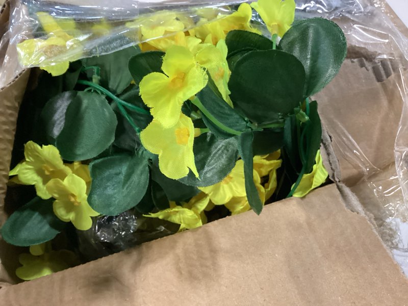 Condition photo showing Good Condition for hyeflora artificial fake hanging outdoor flowers plants basket, faux silk yellow daisy flowers uv resistant realistic hanging planter orchid vines for outside porch patio home garden yard decoration