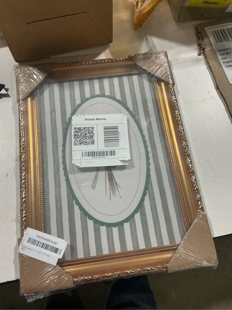 Condition photo showing As Is for vintage botanical wall art, green stripe floral print, gold framed canvas | vintage botanical wall art with green stripe background and gold frame, suitable for living room, dining room, and entryway. striped floral 16"l x 12"w