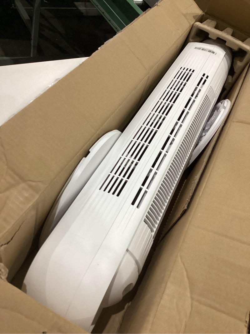 Condition photo showing As Is for dreo tower fan for bedroom, 25ft/s smart standing fans, 90° oscillating floor fan with 4 modes, 4 speeds, 8h timer, 28db, bladeless, remote, 28 db, works with wifi voice control white