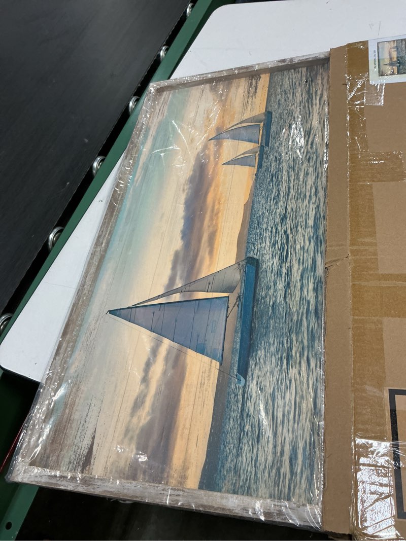 Condition photo showing Good Condition for coastal framed wooden wall art: ocean painting art sail boats artwork decor sunset seascape picture prints for bedroom 24"x12" ocean sunset view 24"l x 12"w