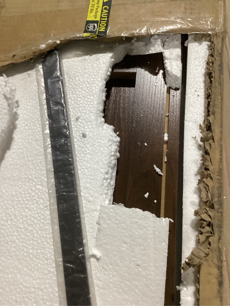 Condition photo showing As Is for 59'' Fireplace TV Stand with 3D Flame Electric Fireplace Heater, 34'' Tall Farmhouse TV Stand for 65 Inch TV, Entertainment Center TV Console with 2 Drawers, Sliding Barn Door for Living Room - White