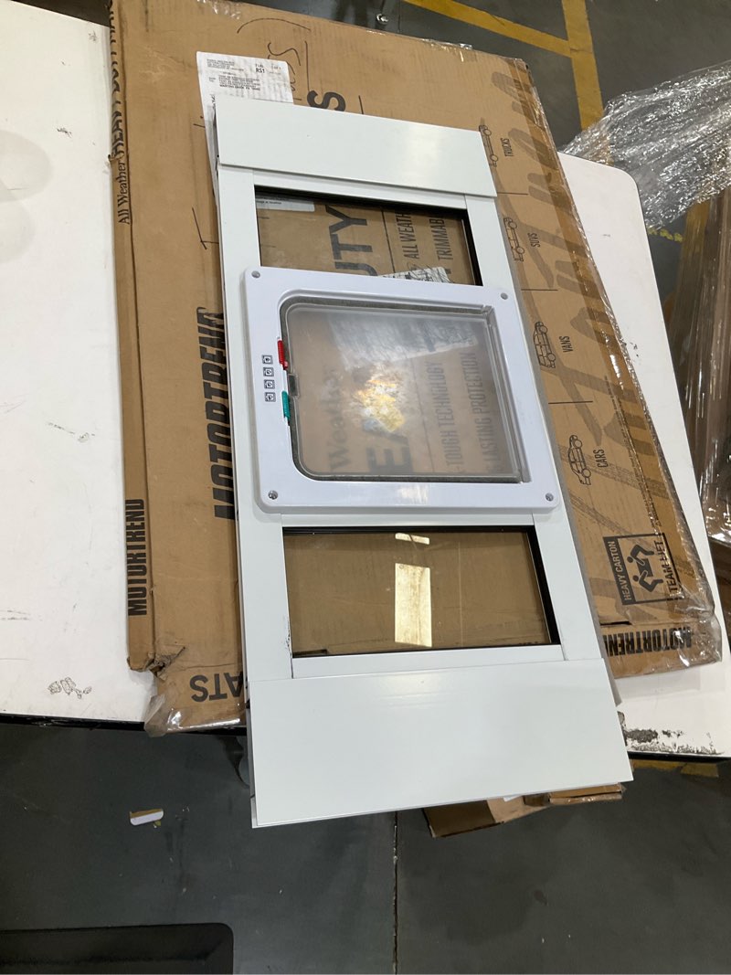 Condition photo showing As Is for cat door for window, quick installation adjustable width of 31"-36", cat window door with 4 locking modes, magnetic closure design, weatherproof aluminum frame cat door window insert