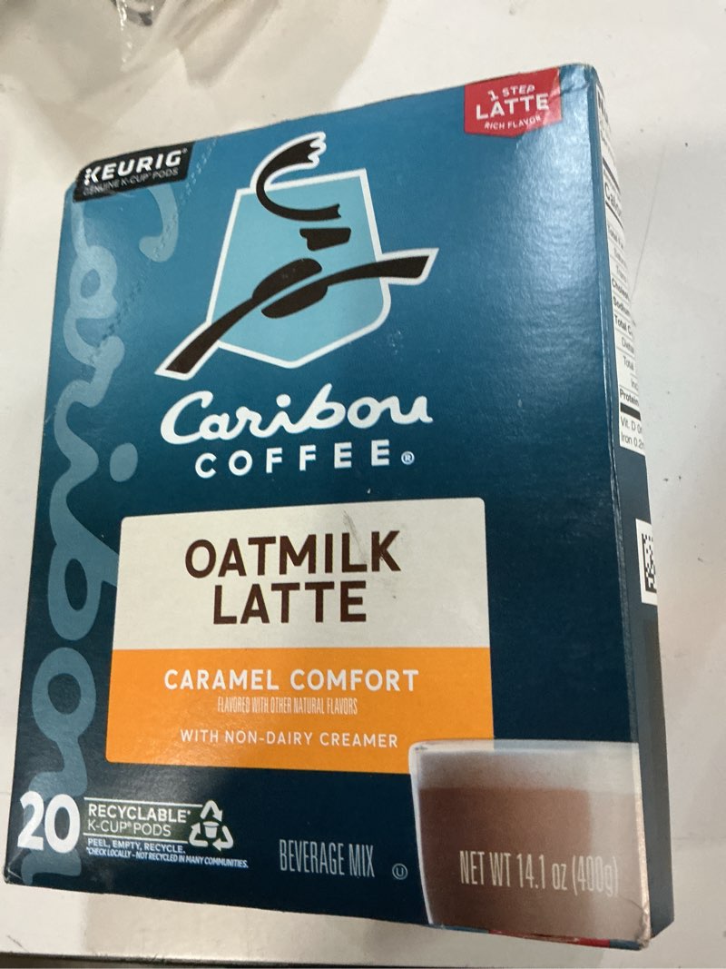Condition photo showing New/Like New for (( BEST BY/AP/24/2026))Caribou Coffee Caramel Comfort Oatmilk Latte, One Step Latte Single Serve Keurig K-Cup Pods, 20-Count Box Caramel Comfort 20 Count 