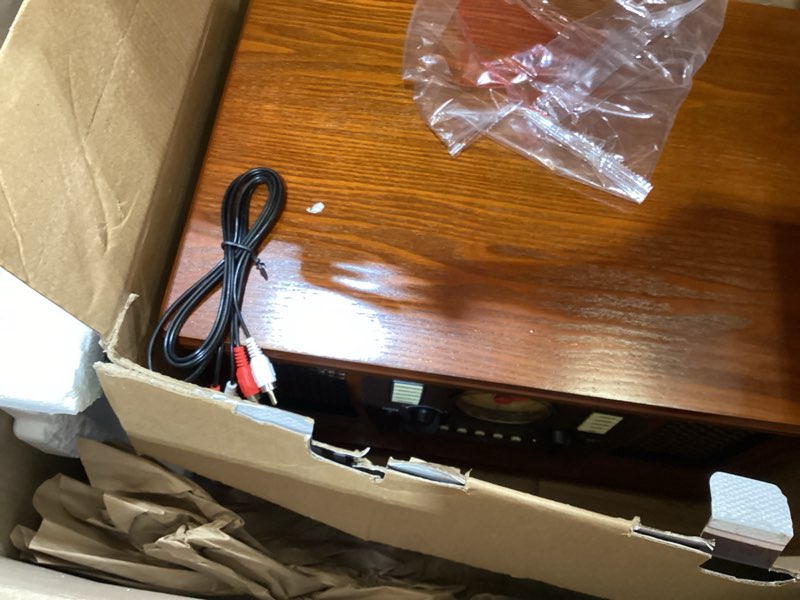 Condition photo showing As Is for victrola navigator 8-in-1 bluetooth record player with built-in speakers– 3 speed turntable, cd player, cassette, fm radio, usb, rca out, headphone jack, wireless music streaming, real wood (espresso)