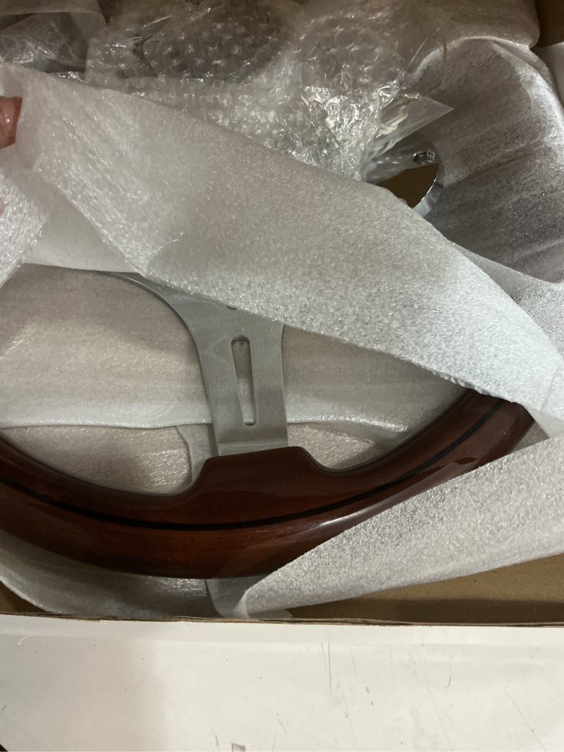 Condition photo showing New/Like New for 13.8" boat steering wheel with 3/4" tapered shaft, 6 bolts wood grain classic nostalgia boat steering wheel for seastar and verad, for marine boats, yacht,vessels,pontoon marine-mirrored-silver