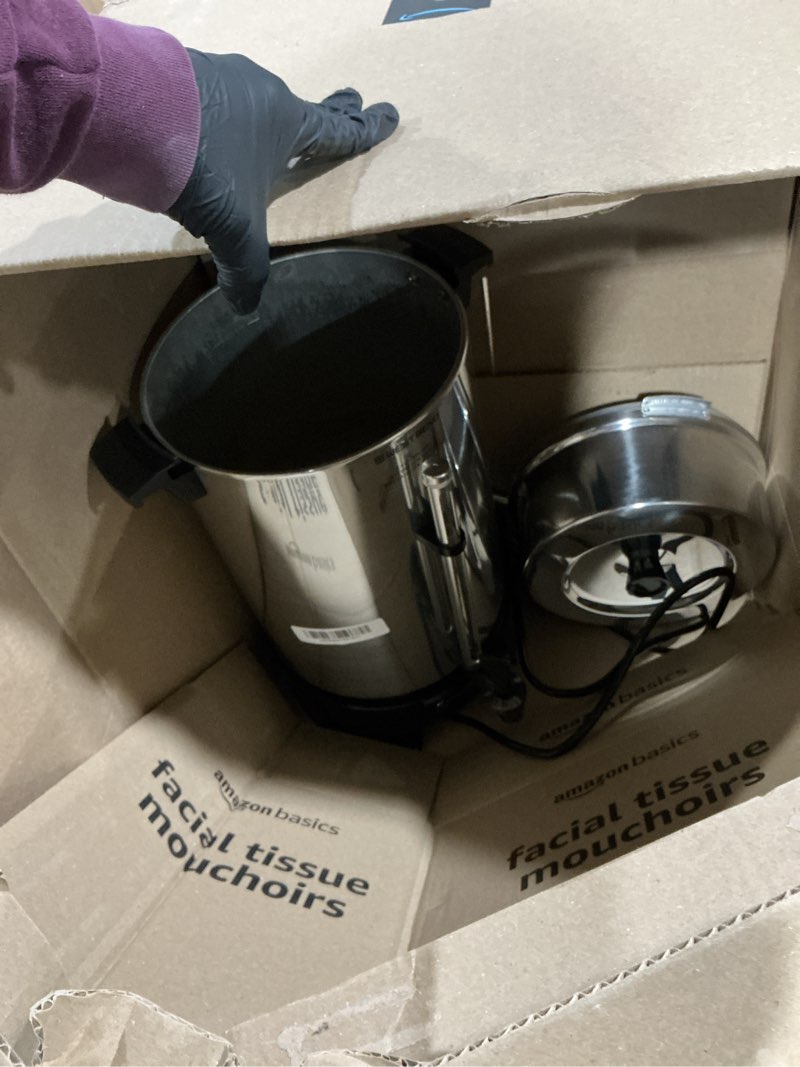 Condition photo showing As Is for west bend 33600 coffee urn commercial highly-polished aluminum nsf approved features automatic temperature control large capacity with fast brewing and easy clean up, 100-cup, silver