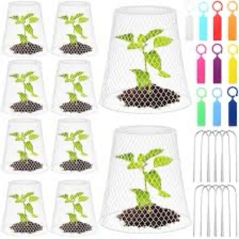 Geosar 10 Pcs 9 inch Chicken Wire Cloche Plant Protector Cover Metal Garden Cloche Dome for Plants Chicken Wire Protection Basket with Garden Stakes for Avoiding Rabbit Bird Small Animals Eat (White)