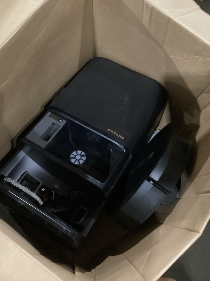 Condition photo showing As Is for ** not tested incomplete ** dreame x50 ultra complete robot vacuum and mop with auto-empty and mop self-cleaning, 20,000pa suction, obstacle avoidance and 360° navigation, corner to edge deep cleaning, detangling brush (black) x50 ultra complete-black