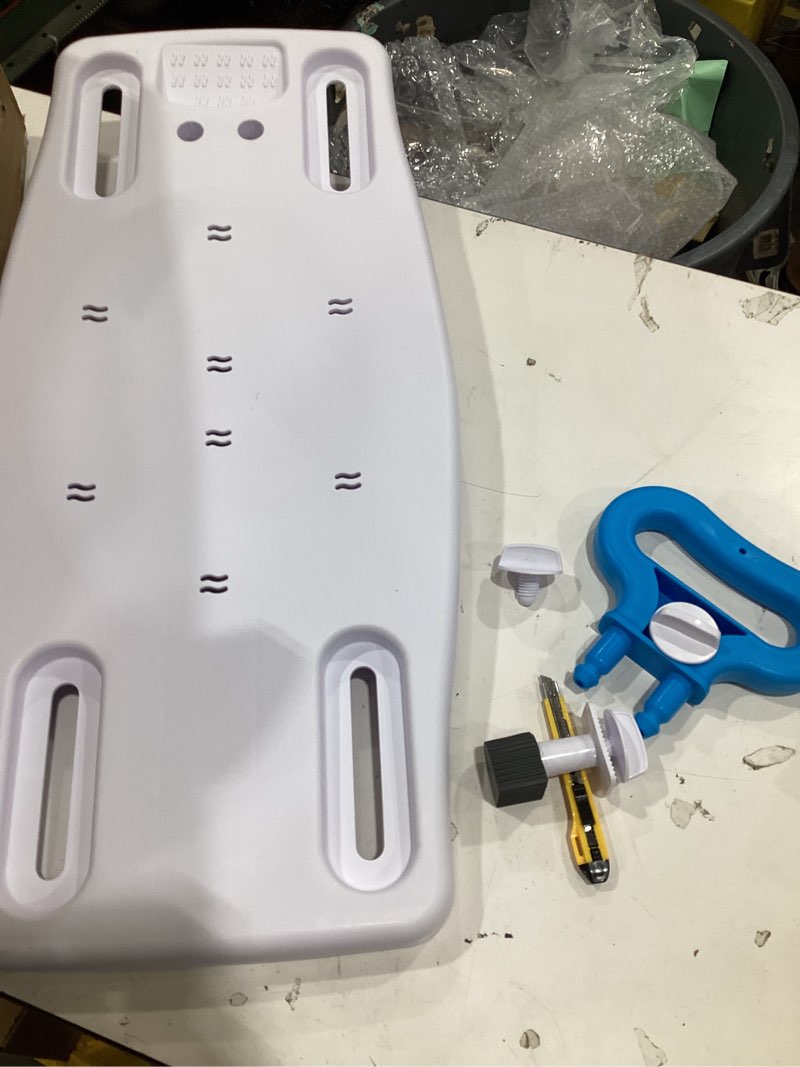 Condition photo showing As Is for carex shower bench and shower chair for elderly and disabled with height adjustable legs, tub bench converts to right or left hand entry, shower chair for bathtub