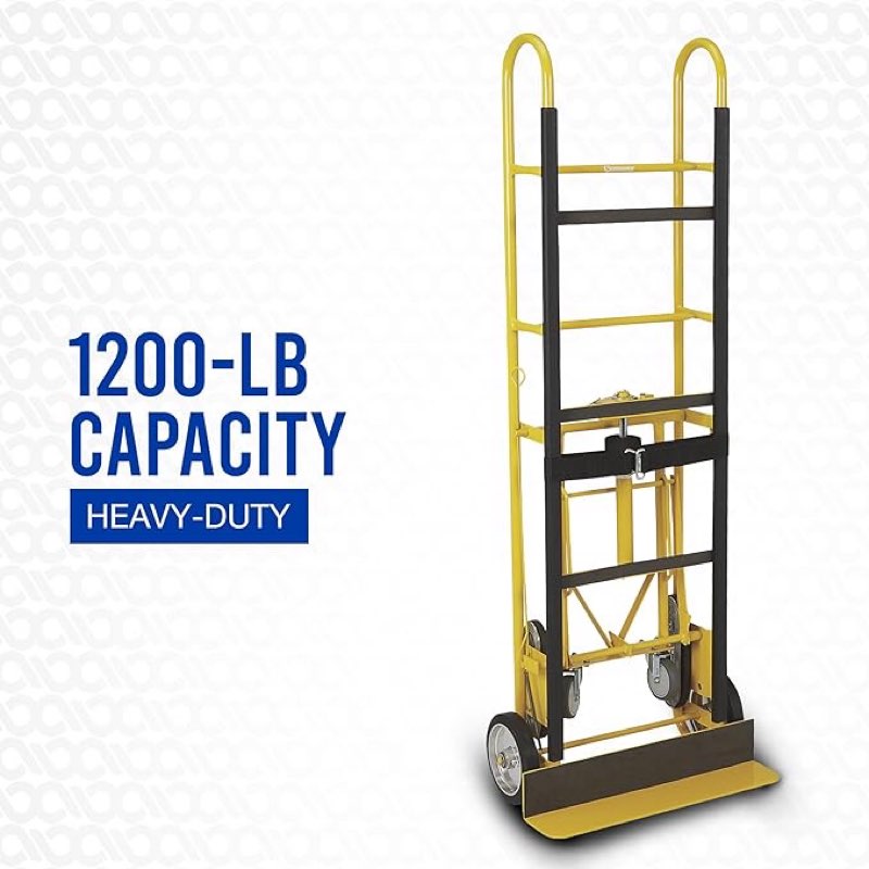 strongway industrial hand truck – 1200 lb capacity heavy-duty appliance dolly, convertible 2/4-wheel design, 8" rubberized wheels, auto-rewind ratchet belt & stair-climbing capability