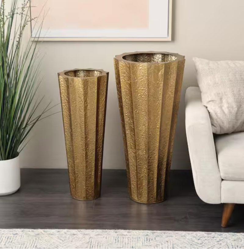 Gold Tall Textured Hammered Floor Metal Decorative Vase Set of 2
