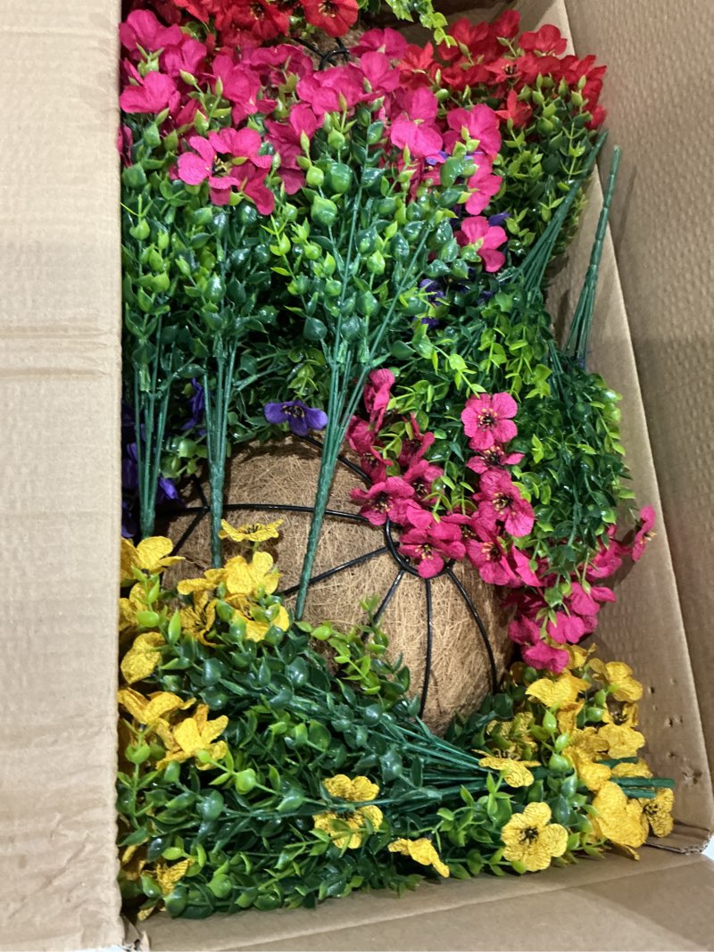 Condition photo showing Good Condition for elyum artificial hanging flowers for outdoors, fake flowers, artificial petunias, hanging baskets for outdoors, uv resistant, fake hanging plants flowers for outdoor decoration of garden, patio, porch
