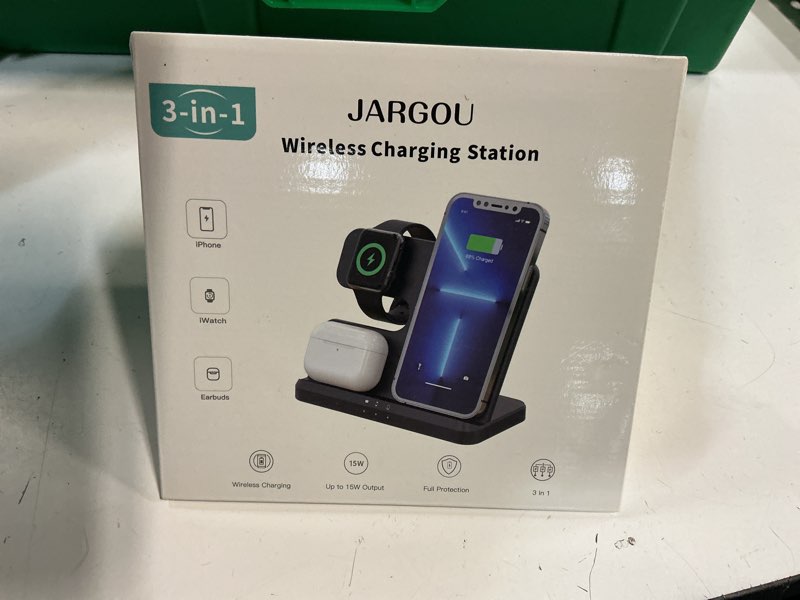 Condition photo showing New/Like New for jargou 3 in 1 wireless charger for iphone 14 13 12 11 x/8 series, for iwatch & for airpods black