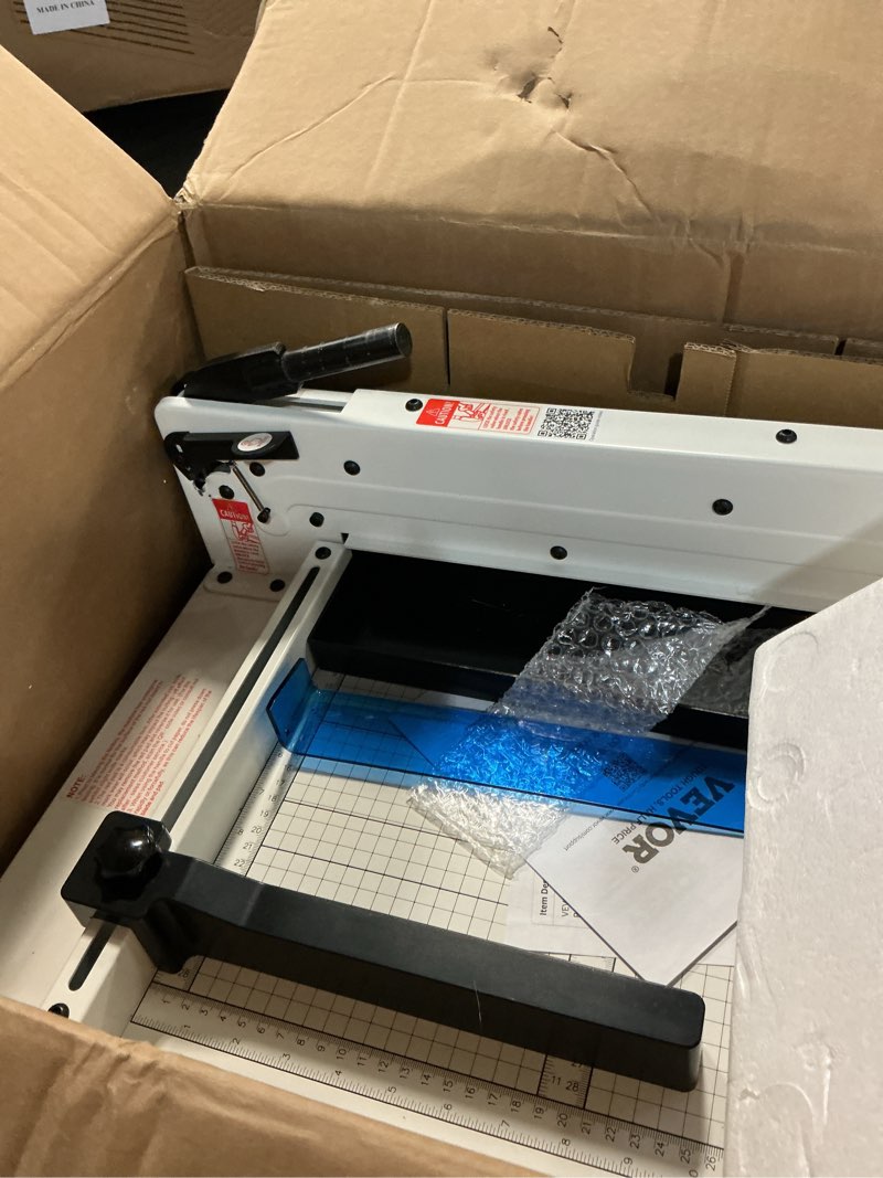 Condition photo showing As Is for vevor paper cutter, 18 in cut length guillotine trimmer, 15-sheet capacity, heavy-duty paper cutter with security guard rail/blade lock, paper trimmer for cardstock, cardboard, home, office & school 18"