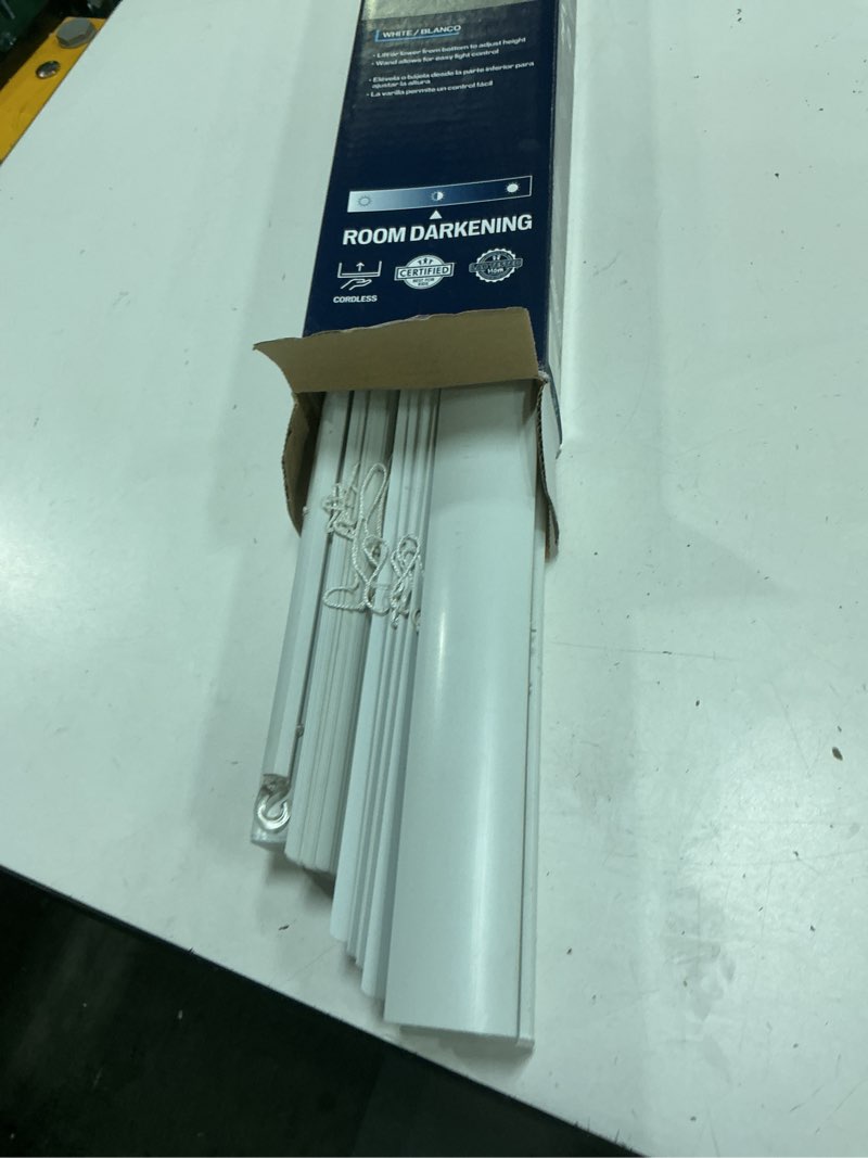 Condition photo showing As Is for project source room darkening 1-in slat width 36-in x 64-in cordless white vinyl room darkening mini-blinds