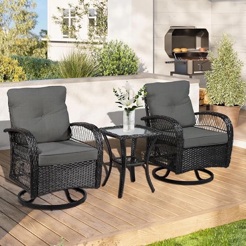 YLGJ&TIDY 3 Piece Swivel Rocker Patio Chairs, Outdoor Swivel Glider Chair, Heavy Duty Patio Chairs 400 lbs with Side Table, for Backyard, Deck, Porch, Grey