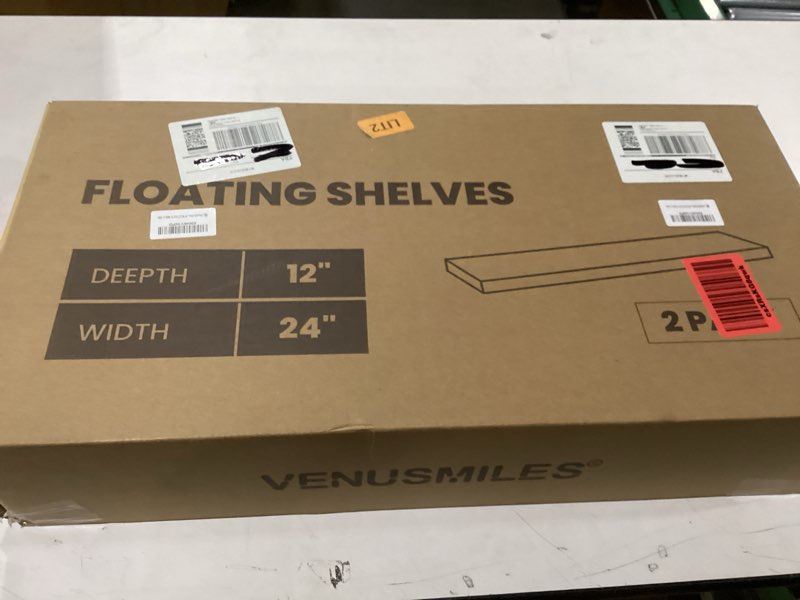 Condition photo showing New/Like New for Floating Shelves for Wall, 24 Inch Wide x 12 Inch Deep Floating Shelves, Long Wood Floating Wall Shelf Shelves for Living Room Bathroom Bedroom Kitchen Home - (Walnut, 24" W x 12" D x 2" H) 24" W, Set of 2 Walnut