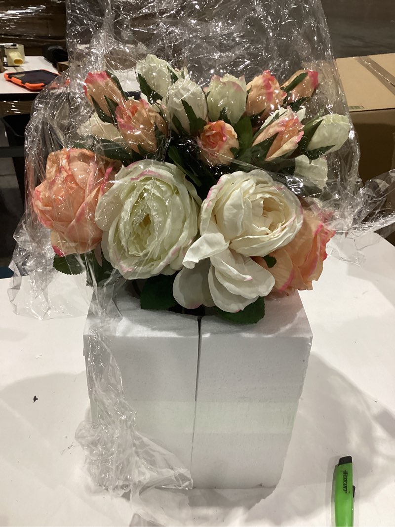 Condition photo showing New/Like New for k&k interiors pink and white austin rose premade vase with faux water, 14-inch height, polyester, glass, home, home décor