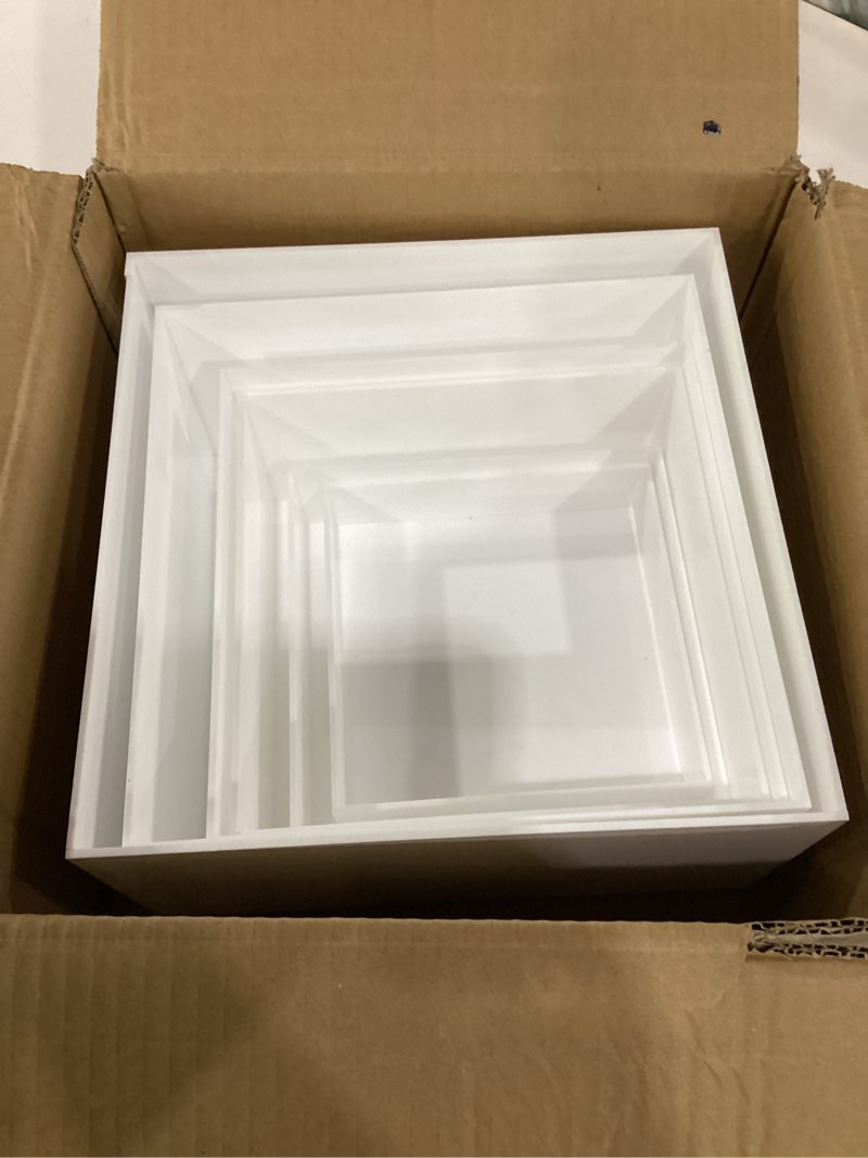 Condition photo showing Good Condition for buffet risers 6 pcs - white acrylic food display stands for buffet table & dessert table, nesting cube boxes for catering, party & retail