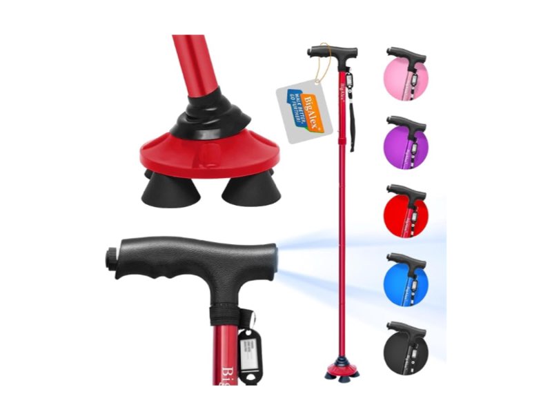 BigAlex Folding Walking Cane with LED Light,Pivoting Quad Base,Adjustable Walking Stick with Carrying Bag for Man/Woman (Alloy Base)