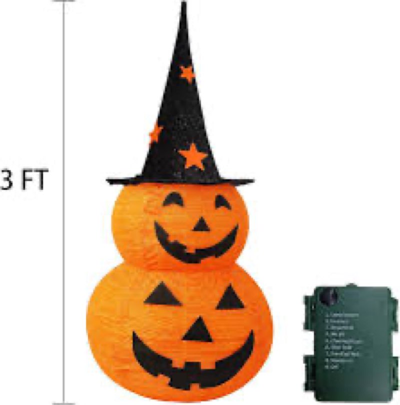 FUNPENY 3FT Halloween Collapsible Pumpkin Decorations, Pre-Lit Light Up 50 LED Pumpkin with Star Hat 8 Lighted Mode, Pop Up Jack-o-Lantern with Metal Stand for Indoor Outdoor Yard Holiday Decor