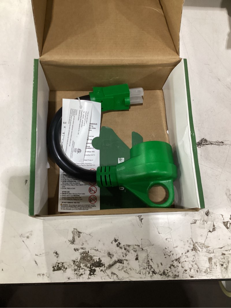 Condition photo showing As Is for rvguard 30 amp to 110 volt rv adapter cord 12 inch, nema 5-15p to nema tt-30r electrical power adapter with led power indicator, green, etl listed