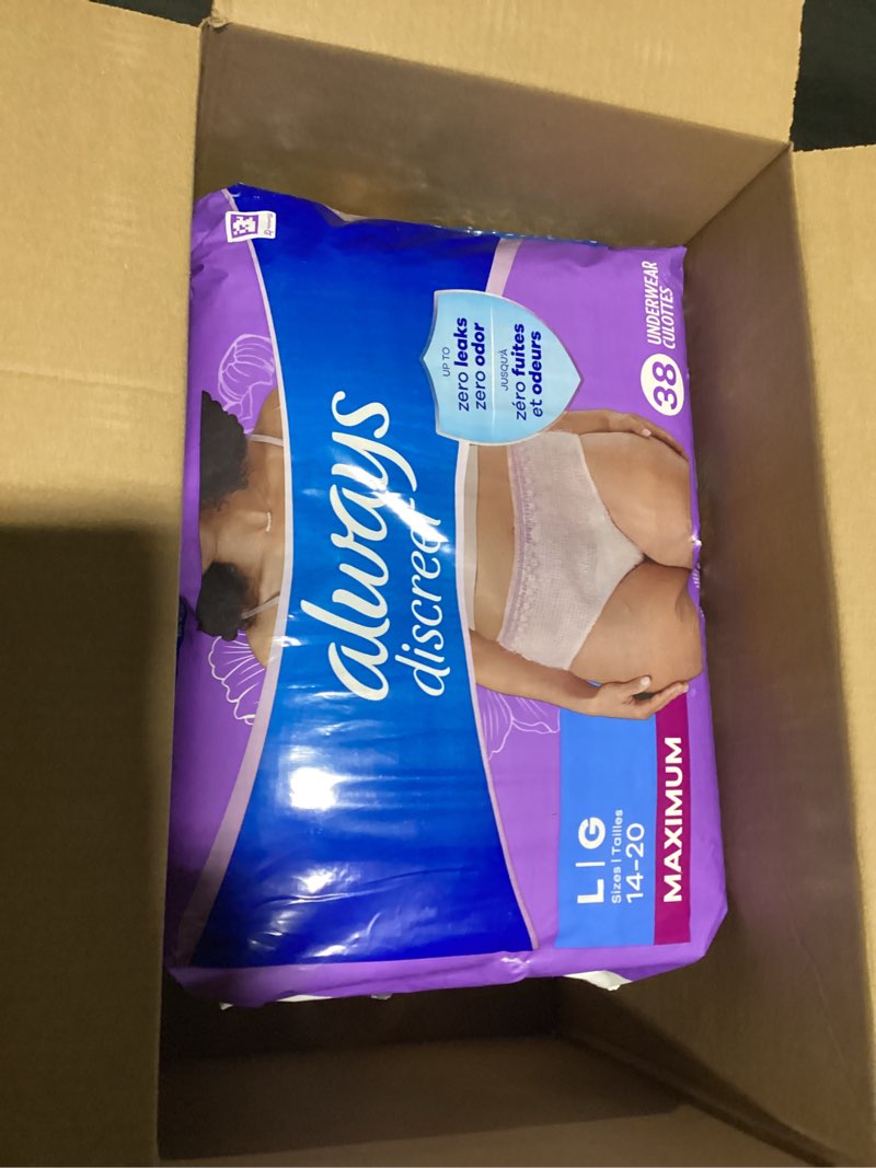 Condition photo showing Good Condition for Always Discreet Adult Incontinence Underwear for Women and Postpartum Underwear, Large, Up to 100% Bladder Leak Protection, 76 Count (2 Packs of 38) Large 76
