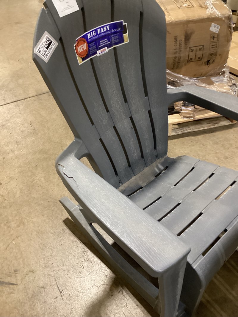 Condition photo showing As Is for adams patio big easy westport adirondack chair grey resin frame rocking chair with slat seat
