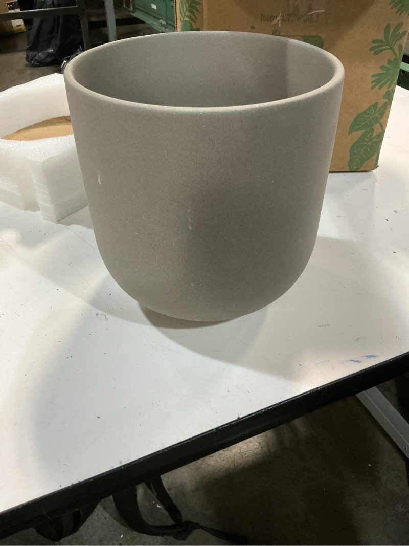 Condition photo showing As Is for le tauci 8 inch plant pot, ceramic pot with drainage hole & rubber plug, indoor planter for herbs & small houseplants, cylinder planter for home office, neutral gray neutral gray 8 inch