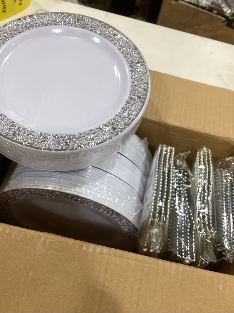 Condition photo showing Good Condition for wdf 100pcs silver plastic dessert plates 7.5" with 100 pieces disposable forks 7.4", silver plates appetizer plates small plates, fancy salad plate and cake plate for party wedding valentine's day