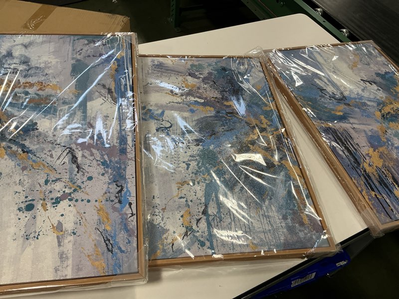 Condition photo showing Good Condition for arteWOODS Abstract Framed Wall Art - Blue Gold Splashes Canvas Pictures Wall Decor Modern Dynamic Painting Artwork Prints for Living Room Bedroom Home Decor 28 x 20in * 3 Natural Wood Frame Blue Gold Abstract Splashes Framed 28"L x 20"W