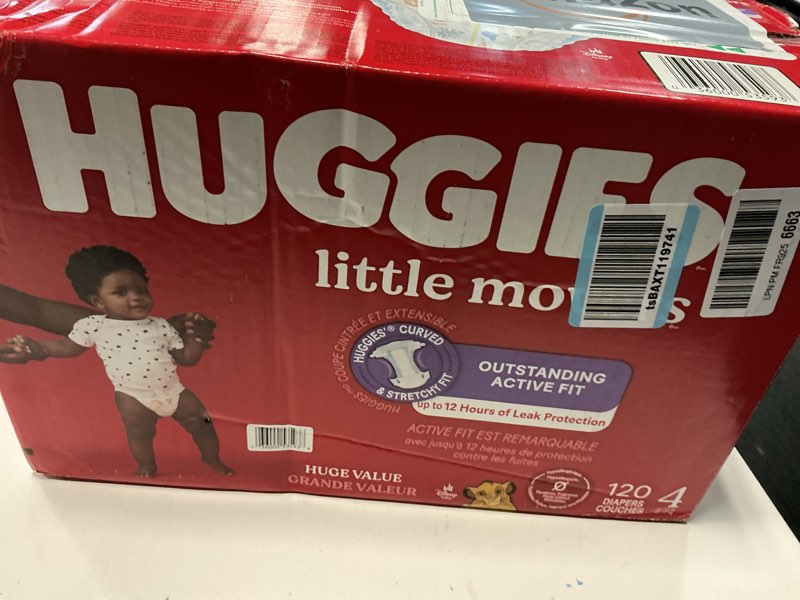 Condition photo showing New/Like New for huggies size 4 diapers, little movers baby diapers, size 4 (22-37 lbs), 120 count, packaging may vary size 4 120
