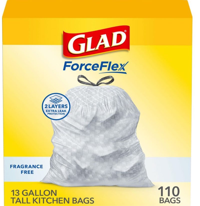 ( box of 3 pack)Glad ForceFlex Tall Kitchen Drawstring Trash Bags, 13 Gal, Fragrance Free, 110 Ct (Package May Vary)