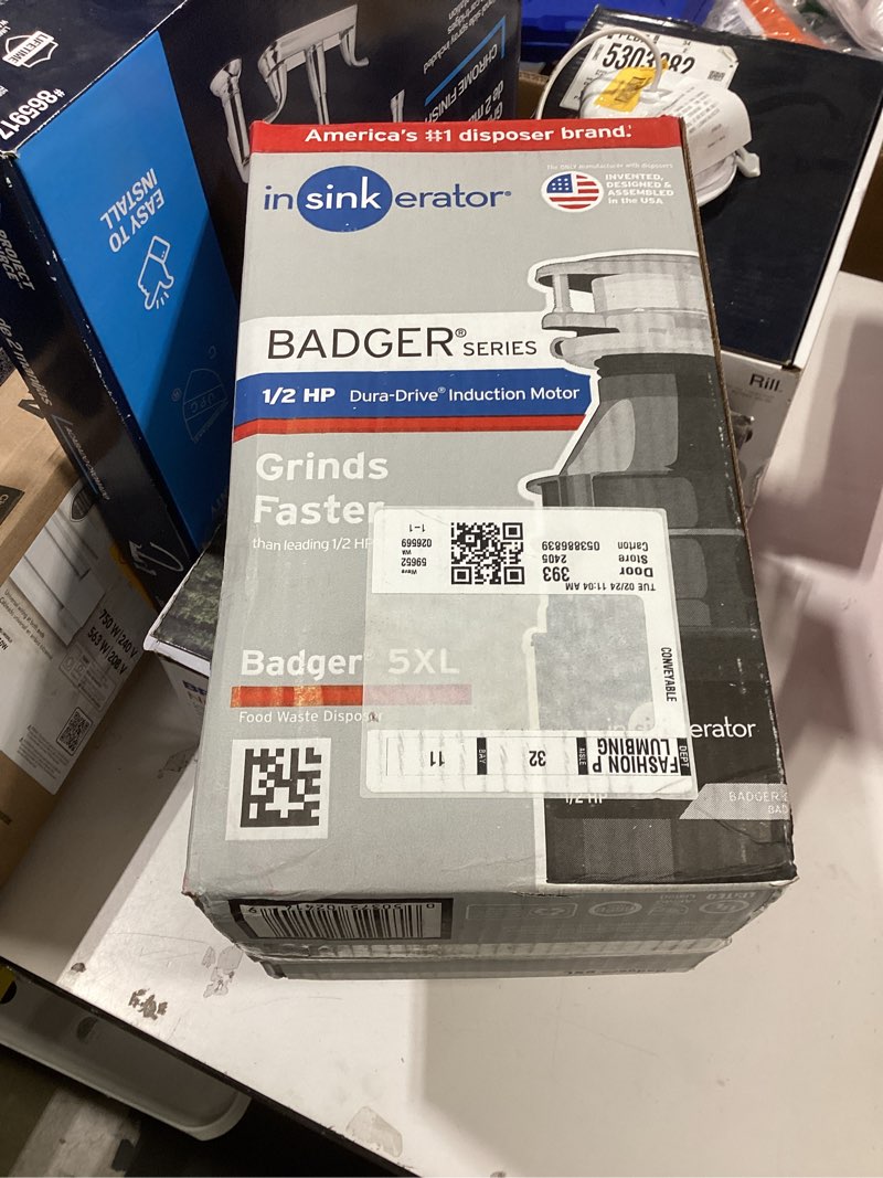 Condition photo showing As Is for insinkerator badger 5xl continuous feed 1/2-hp septic safe non-corded garbage disposal