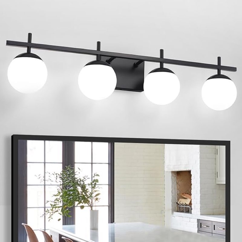 4-Lights Black Vanity Lights with Milky White Globe Glass Shade, Industrial Bathroom Wall Sconces Li